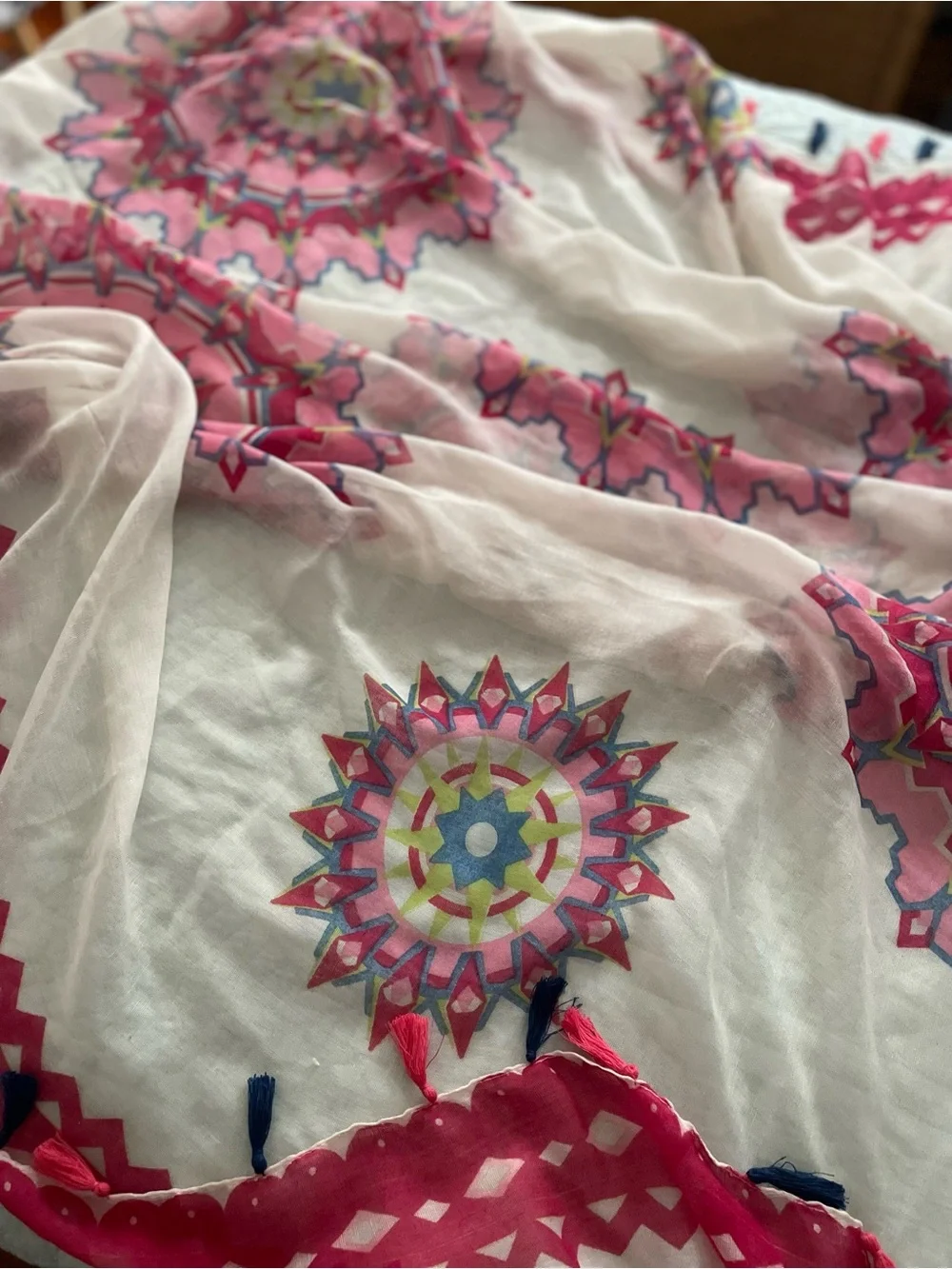 Large Intricate Semi-Sheer Pink Mandala Tassel Scarf APX 40